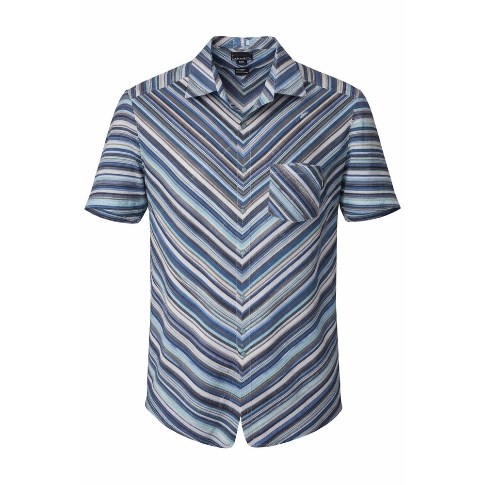 Vintage Oakley Button Up Shirt Men's XL Blue Diagonal Stripe Short Sleeve Pocket